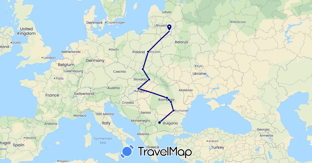 TravelMap itinerary: driving in Bulgaria, Hungary, Lithuania, Poland, Romania, Slovakia (Europe)